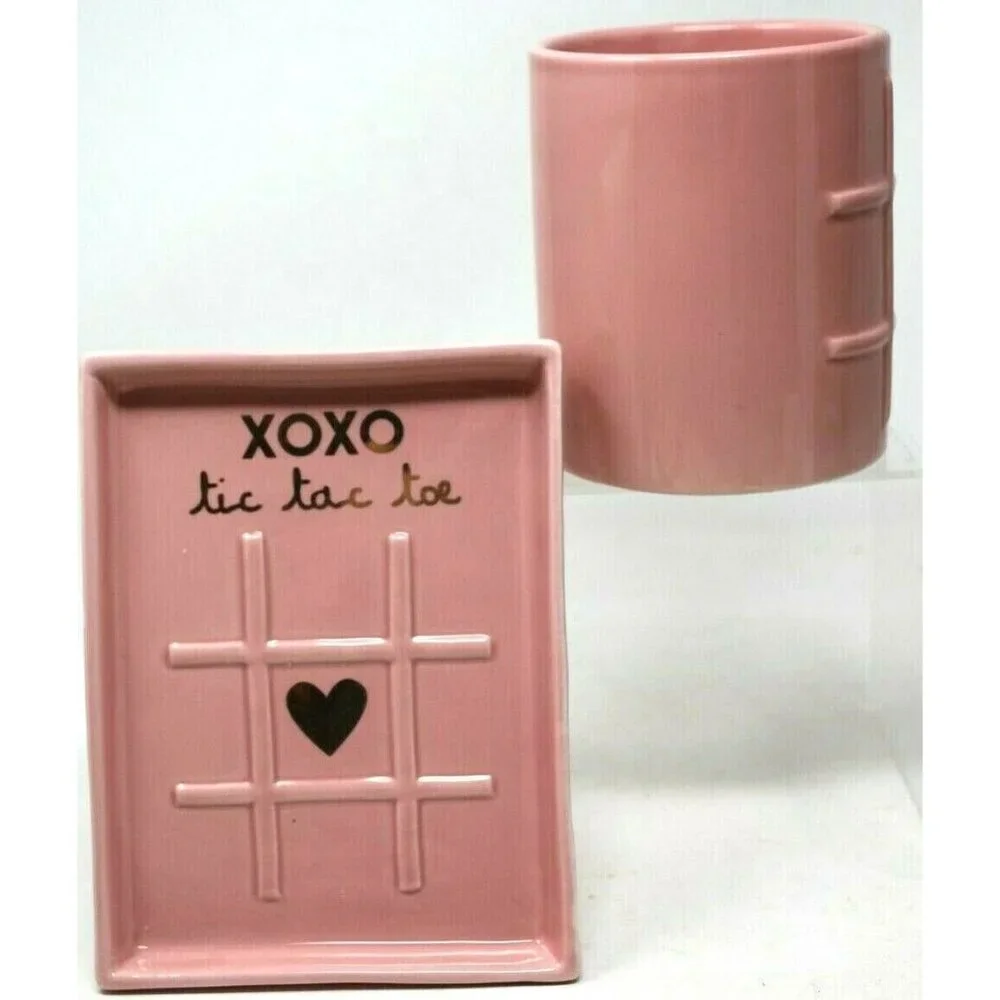 NEW MAGENTA Pink XOXO Tic Tac Toe Mug Coffee Cup & Tray Love Valentine RARE S2